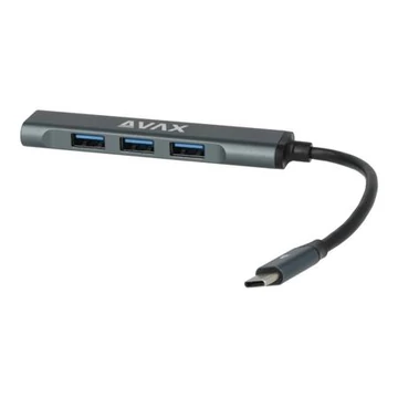 USB-C elosztó-HUB, 4 port, USB 3.0, AVAX "HB601", fekete