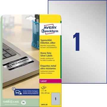 Etikett, 210x297 mm, poliészter, időjárásálló, AVERY ZWECKOFRM, ezüst, 20 etikett/csomag Etikett, 210x297 mm, poliészter, időjárásálló, AVERY ZWECKOFRM, ezüst, 20 etikett/csomag