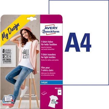 Fólia, vasalható, A4, tintasugaras nyomtatóba, világos textilhez, AVERY ZWECKFORM