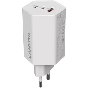 Hálózati töltő, 1xUSB-A, 2xUSB-C, 65W, CANYON "Hexagon 65", fehér