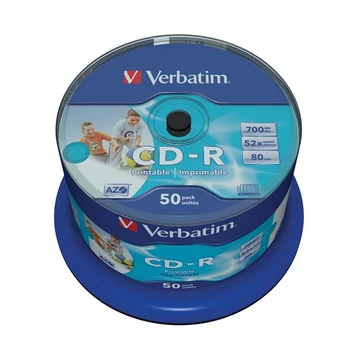 CD-R lemez, nyomtatható, matt, no-ID, AZO, 700MB, 52x, 50 db, hengeren, VERBATIM CD-R lemez, nyomtatható, matt, no-ID, AZO, 700MB, 52x, 50 db, hengeren, VERBATIM