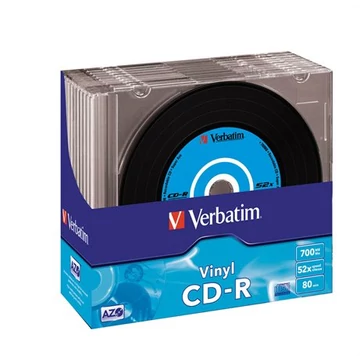 CD-R lemez, bakelit lemez-szerű felület, AZO, 700MB, 52x, 10 db, vékony tok, VERBATIM "Vinyl" CD-R lemez, bakelit lemez-szerű felület, AZO, 700MB, 52x, 10 db, vékony tok, VERBATIM "Vinyl"
