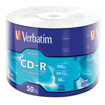 CD-R lemez, 700MB, 52x, 50 db, zsugor csomagolás, VERBATIM "DataLife" CD-R lemez, 700MB, 52x, 50 db, zsugor csomagolás, VERBATIM "DataLife"