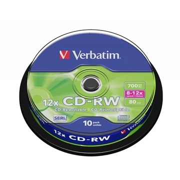 CD-RW lemez, újraírható, SERL, 700MB, 8-10x, 10 db, hengeren VERBATIM CD-RW lemez, újraírható, SERL, 700MB, 8-10x, 10 db, hengeren VERBATIM