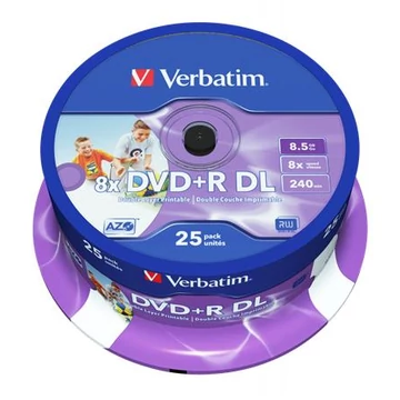 DVD+R lemez, kétrétegű, nyomtatható, no-ID, 8,5GB, 8x, 25 db, hengeren, VERBATIM "Double Layer" DVD+R lemez, kétrétegű, nyomtatható, no-ID, 8,5GB, 8x, 25 db, hengeren, VERBATIM "Double Layer"