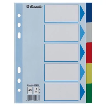 Regiszter, műanyag, A5, 5 részes, ESSELTE, színes