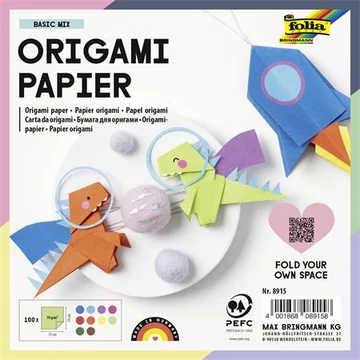 Origami papír, 15x15 cm, 70 g, 100 lap, FOLIA, vegyes színek