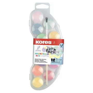 Vízfesték, 12 darabos, 25 mm, ecsettel, KORES "Akuarellos Mini", pasztell színek Vízfesték, 12 darabos, 25 mm, ecsettel, KORES "Akuarellos Mini", pasztell színek