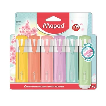 Szövegkiemelő készlet, 1-5 mm, MAPED "Fluo Peps Quality", 6 különböző pasztell szín Szövegkiemelő készlet, 1-5 mm, MAPED "Fluo Peps Quality", 6 különböző pasztell szín