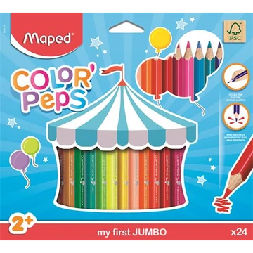 Színes ceruza készlet, háromszögletű, vastag, MAPED "Jumbo", 24 különböző szín