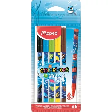 Filctoll készlet, 2 mm, kimosható, MAPED "Color`Peps Ocean Life", 6 különböző szín Filctoll készlet, 2 mm, kimosható, MAPED "Color`Peps Ocean Life", 6 különböző szín