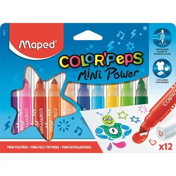 Filctoll készlet, 6,5 mm, kimosható, MAPED "Color`Peps Mini Power", 12 különböző szín Filctoll készlet, 6,5 mm, kimosható, MAPED "Color`Peps Mini Power", 12 különböző szín