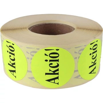 Etikett, 38 mm kör, "AKCIÓ" felirattal, 1000 etikett/tekercs, citromsárga