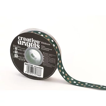 Szatén szalag, 15 mm x 22 m, sötétzöld vegyes pötyökkel Szatén szalag, 15 mm x 22 m, sötétzöld vegyes pötyökkel