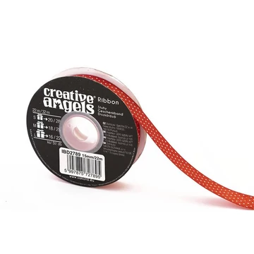 Szatén szalag, 15 mm x 22 m, piros fehér pötyökkel Szatén szalag, 15 mm x 22 m, piros fehér pötyökkel