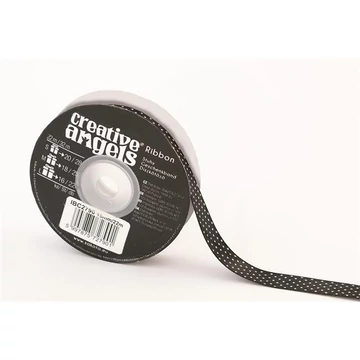 Szatén szalag, 15 mm x 22 m, fekete fehér pötyökkel Szatén szalag, 15 mm x 22 m, fekete fehér pötyökkel