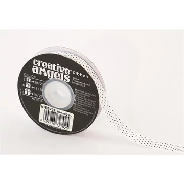 Szatén szalag, 15 mm x 22 m, fehér fekete pötyökkel Szatén szalag, 15 mm x 22 m, fehér fekete pötyökkel