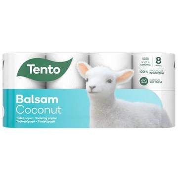 Toalettpapír, 3 rétegű, kistekercses, 8 tekercs, TENTO "Balsam Coconut", fehér Toalettpapír, 3 rétegű, kistekercses, 8 tekercs, TENTO "Balsam Coconut", fehér