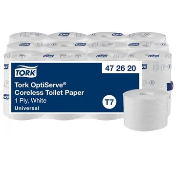 Toalettpapír, belsőmag nélküli, T7 rendszer, 1 rétegű, 13,1 cm átmérő, Universal, TORK "OptiServe", fehér Toalettpapír, belsőmag nélküli, T7 rendszer, 1 rétegű, 13,1 cm átmérő, Universal, TORK "OptiServe", fehér
