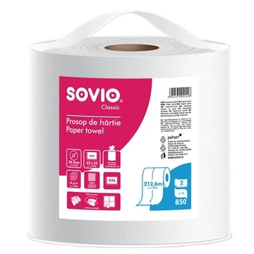 Törlőpapír, 100% cellulóz, tekercses, 212,6 m, 26,5 cm átmérő, 2 rétegű, SOVIO