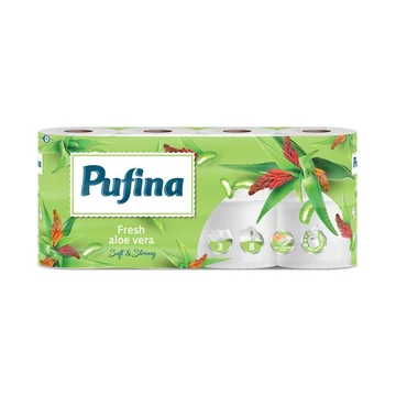 Toalettpapír, 3 rétegű, kistekercses, 8 tekercs, PUFINA "Aloe Vera"