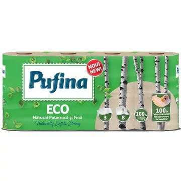 Toalettpapír, 3 rétegű, kistekercses, 8 tekercs, PUFINA "Eco", fehérítetlen és vegyszermentes Toalettpapír, 3 rétegű, kistekercses, 8 tekercs, PUFINA "Eco", fehérítetlen és vegyszermentes