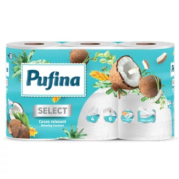 Toalettpapír, 4 rétegű, kistekercses, 6 tekercs, PUFINA "Relaxing Coconut", kókusz illattal Toalettpapír, 4 rétegű, kistekercses, 6 tekercs, PUFINA "Relaxing Coconut", kókusz illattal