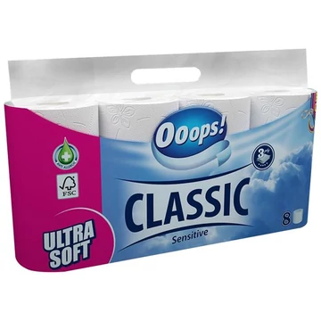 Toalettpapír, 3 rétegű, kistekercses, 8 tekercs, OOOPS "Classic", sensitive Toalettpapír, 3 rétegű, kistekercses, 8 tekercs, OOOPS "Classic", sensitive