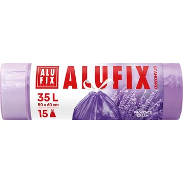 Szemeteszsák, zárószalagos, 35 l, 15 db, 50x60 cm, 15 µ, ALUFIX, levendula