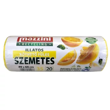 Szemeteszsák, újrahasznosított, köthető füles, illatosított, 35 l, 20 db, 49x60 cm, 10 µ, MAZZINI, citrus illat