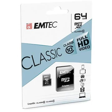 Memóriakártya, microSDXC, 64GB, CL10, 20/12 MB/s, adapter, EMTEC "Classic" Memóriakártya, microSDXC, 64GB, CL10, 20/12 MB/s, adapter, EMTEC "Classic"