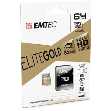 Memóriakártya, microSDXC, 64GB, UHS-I/U1, 85/20 MB/s, adapter, EMTEC "Elite Gold" Memóriakártya, microSDXC, 64GB, UHS-I/U1, 85/20 MB/s, adapter, EMTEC "Elite Gold"