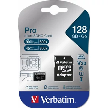 Memóriakártya, microSDXC, 128GB, CL10/U3, 90/45 MB/s, adapter, VERBATIM "PRO" Memóriakártya, microSDXC, 128GB, CL10/U3, 90/45 MB/s, adapter, VERBATIM "PRO"