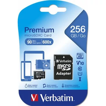 Memóriakártya, microSDXC, 256GB CL10/U1, 90/10 MB/s, adapter, VERBATIM "Premium"