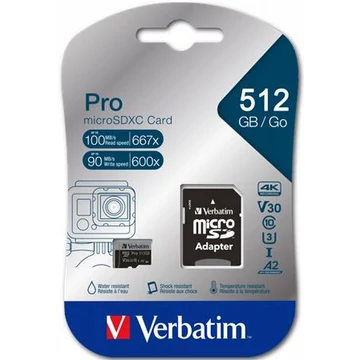 Memóriakártya, microSDXC, 512GB, CL10/U3/A2, 100/90 MB/s, adapter, VERBATIM "PRO"