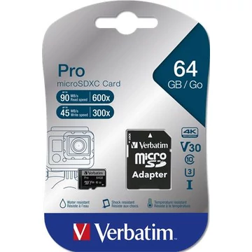 Memóriakártya, microSDXC, 64GB, CL10/U3, 90/45 MB/s, adapter, VERBATIM "PRO" Memóriakártya, microSDXC, 64GB, CL10/U3, 90/45 MB/s, adapter, VERBATIM "PRO"