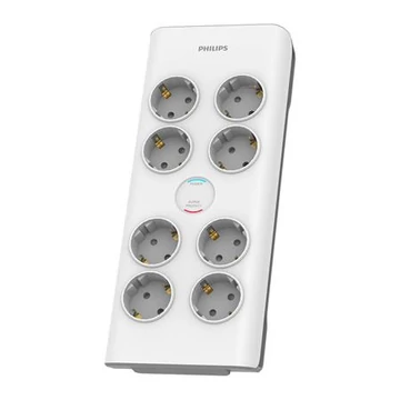 Elosztósor, 8 csatlakozóaljzat, túlfeszültség-védelemmel, 2 m kábel, PHILIPS, fehér