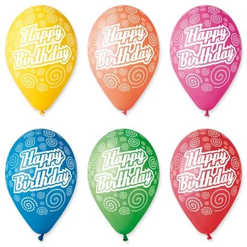 Léggömb, 30 cm, "Happy Birthday", körkörös, 10 db/csomag
