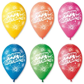 Léggömb, 30 cm, "Happy Birthday", tüzijáték, 10 db/csomag