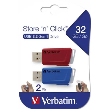 Pendrive, 2 x 32GB, USB 3.2, 80/25MB/sec, VERBATIM "Store n Click", piros, kék Pendrive, 2 x 32GB, USB 3.2, 80/25MB/sec, VERBATIM "Store n Click", piros, kék