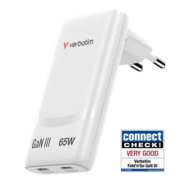 Hálózati töltő, 2xUSB-C, 65W, GaN, VERBATIM "Fold `n` Go", fehér