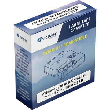 Feliratozógép szalag, 9 mm x 7 m, VICTORIA TECHNOLOGY, fehér-fekete