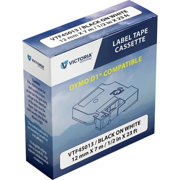 Feliratozógép szalag, 12 mm x 7 m, VICTORIA TECHNOLOGY, fehér-fekete