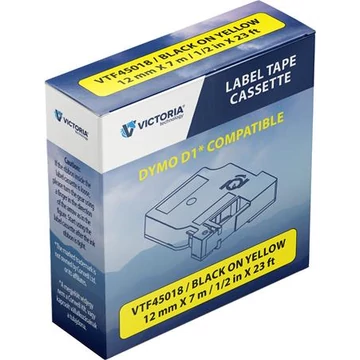 Feliratozógép szalag, 12 mm x 7 m, VICTORIA TECHNOLOGY, sárga-fekete