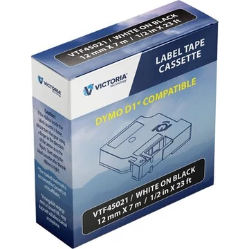Feliratozógép szalag, 12 mm x 7 m, VICTORIA TECHNOLOGY, fekete-fehér