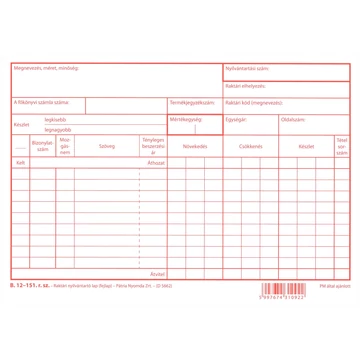 Raktári nyilvántartó lap (fejlap) kicsi A/5 fekvő Raktári nyilvántartó lap (fejlap) kicsi A/5 fekvő