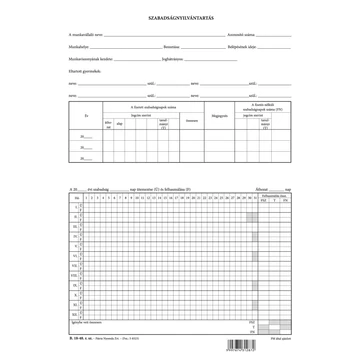 Szabadságnyilvántartás szabadlap A/4 álló Szabadságnyilvántartás szabadlap A/4 álló