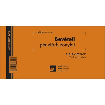 Nyomtatvány, bevételi pénztárbizonylat, 25x3, PÁTRIA NYOMTATVÁNY "B.318-102/A/V"