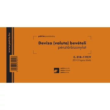 Deviza (valuta) bevételi pénztárbizonylat 50x3 lapos tömb 203x102 mm Deviza (valuta) bevételi pénztárbizonylat 50x3 lapos tömb 203x102 mm