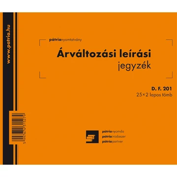 Árváltozási leírási jegyzék 25x2 lapos tömb A/5 fekvő Árváltozási leírási jegyzék 25x2 lapos tömb A/5 fekvő